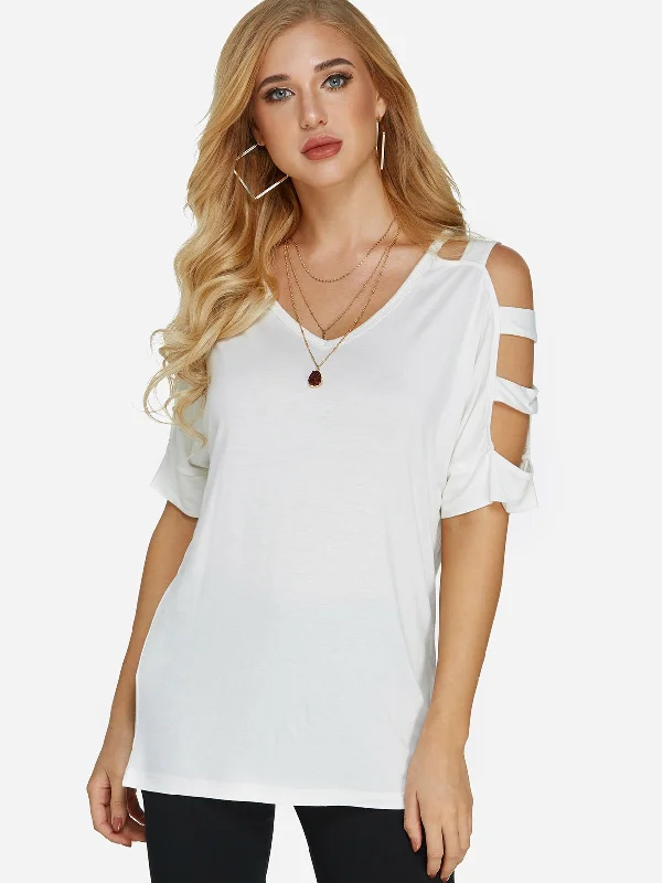 Custom Cold Shoulder Cut Out Half Sleeve White T-Shirts