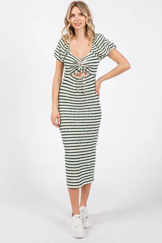 Forest Green Striped Drawstring Ruched Front Midi Dress