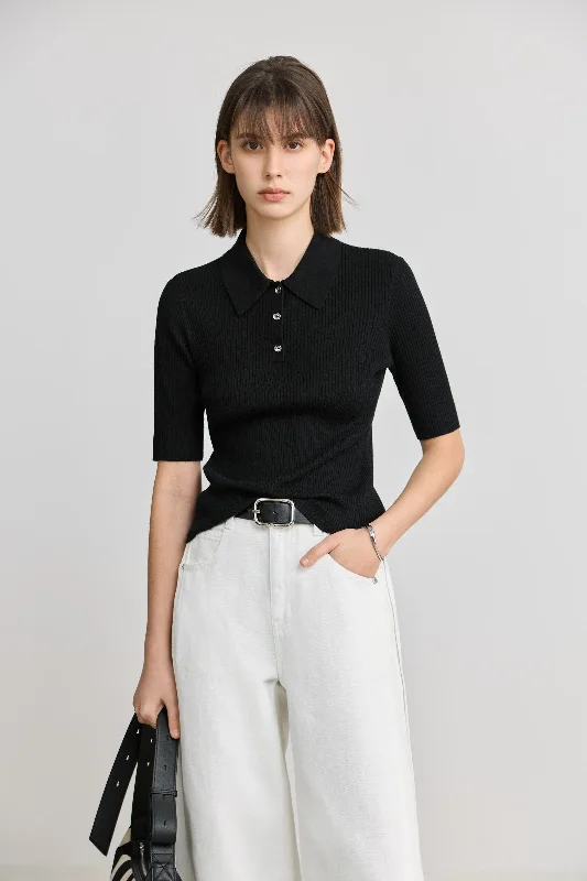 LILY Slim-Fit Polo Collar Black Knit Sweater