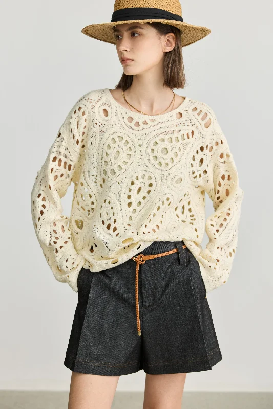 LILY Color-Block Lace Round Neck Knit Sweater