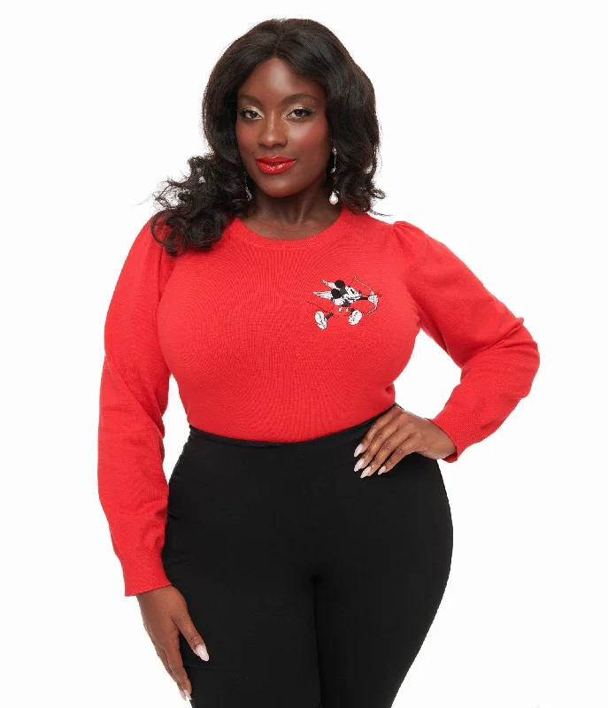 Disney Valentine Collection by Unique Vintage Plus Size Red Cupid Mickey Embroidered Sweater