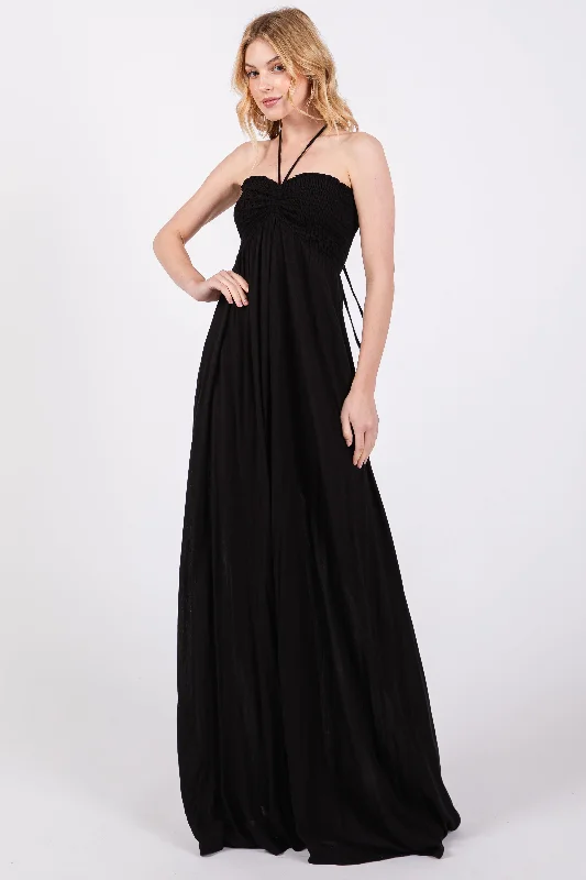 Black Smocked Halter Maxi Dress