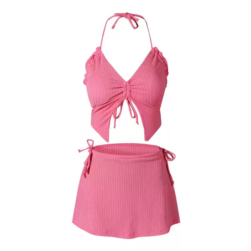 Two Piece Backless SwimWear With Butterfly Top And Short Coverup Skirt