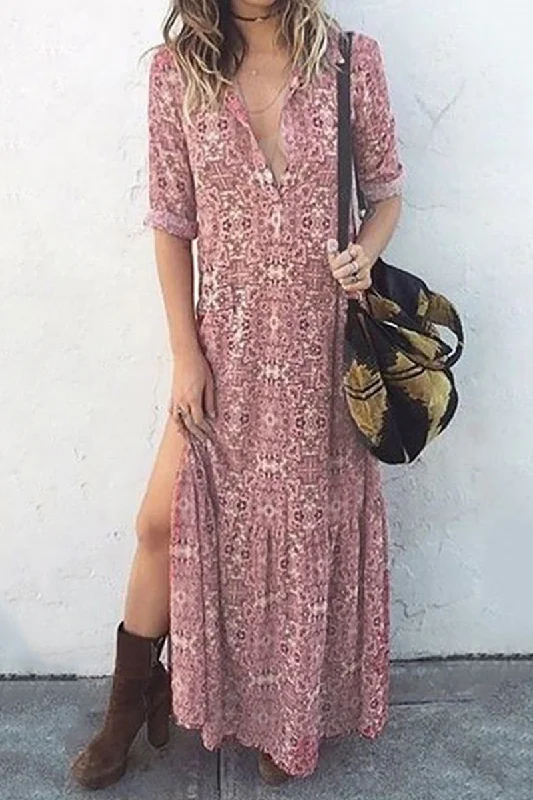 Casual Print Buckle Slit O Neck Dresses