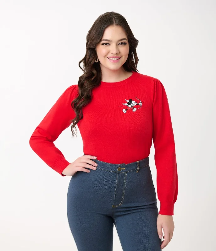 Disney Valentine Collection by Unique Vintage Red Cupid Mickey Embroidered Sweater