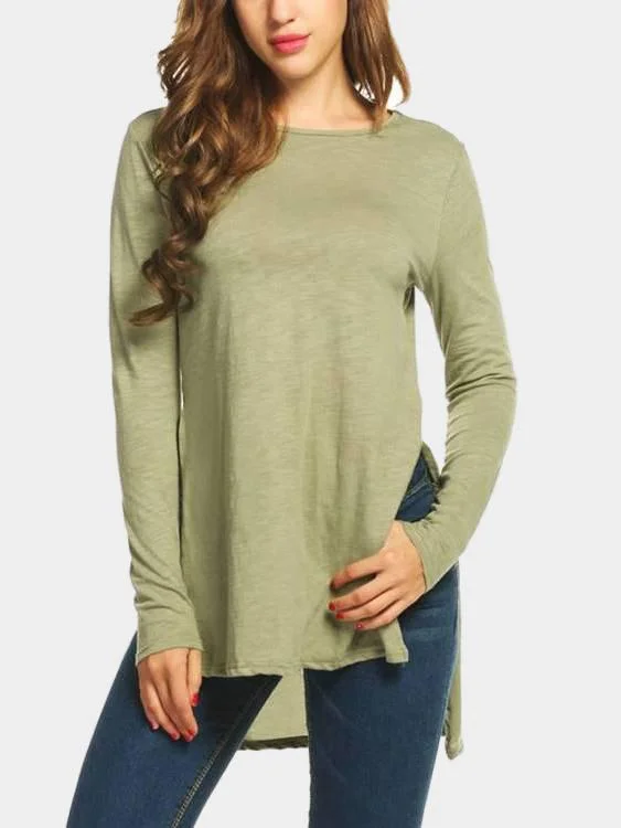 Custom Round Neck Plain Long Sleeve Slit Hem T-Shirts