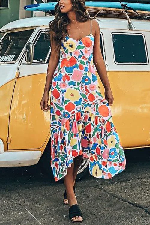 CityHottie Floral Printed Summer Backless Mid Calf Dress With Pocket