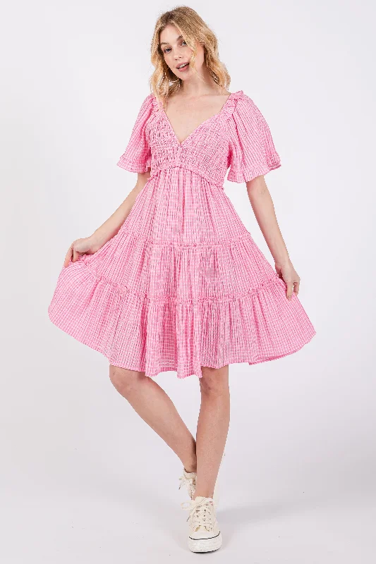 Pink Smocked V-Neck Ruffle Short Sleeve Tiered Dress