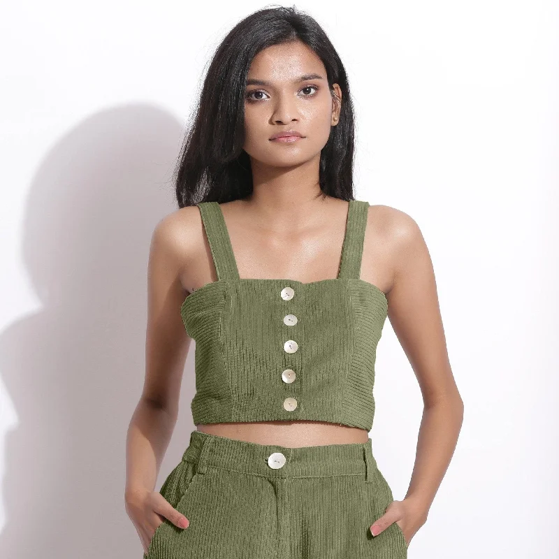 Sage Green Warm Cotton Corduroy Slim Fit Crop Top