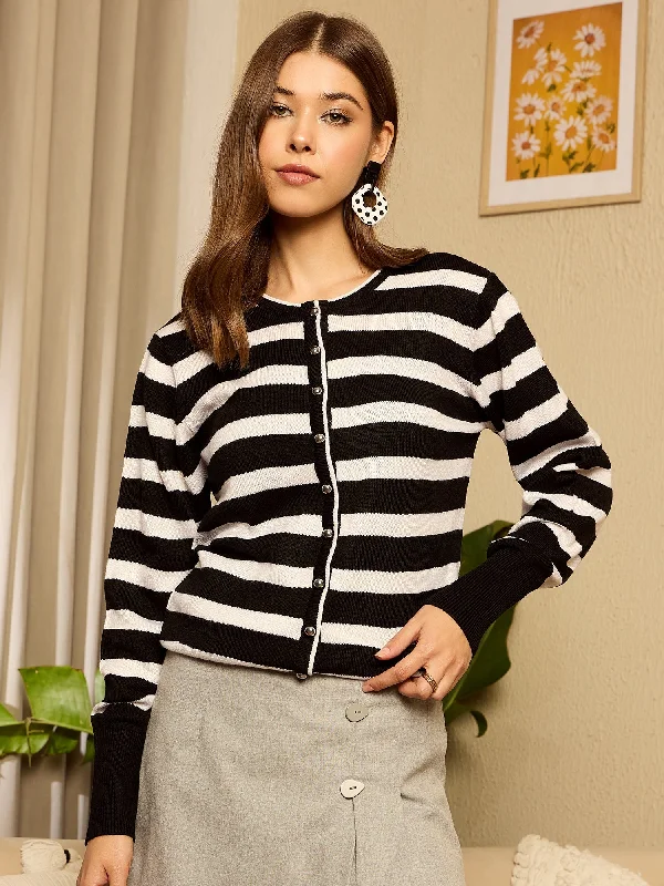 Berrylush Women Black & White Striped Print Round Neck Drop-Shoulder Sleeves Front Button-Up Acrylic Ribbed Hem Regular Sweater Vest