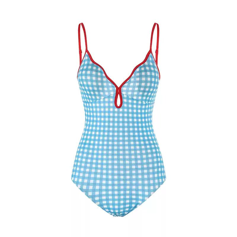 Blue Gingham Design With Red Straps Monokini By Sinderella