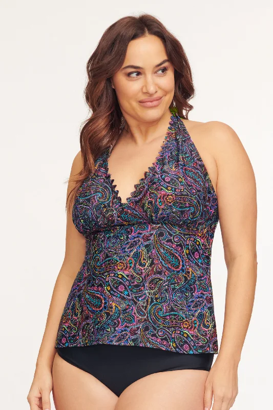 Plus Size Scallop Neckline Halter Tankini Top in Embroider Paisley