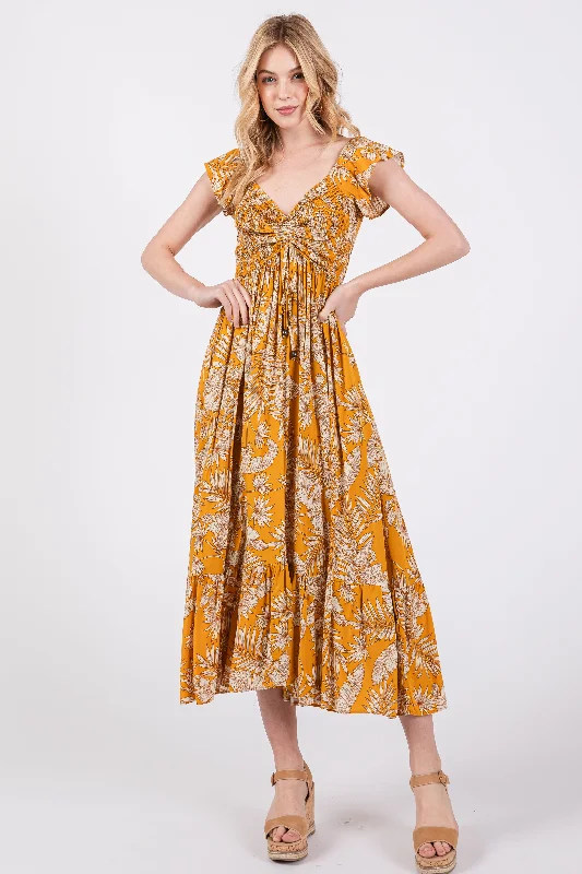 Yellow Tropical Print Smocked Short Sleeve Maxi Dress