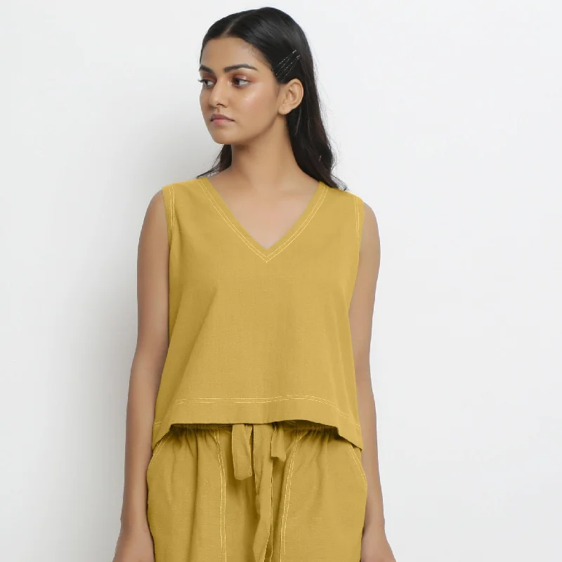 Light Yellow Handspun Cotton Sleeveless V-Neck Crop Top