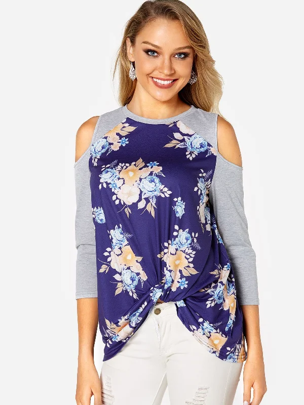 Custom Round Neck Cold Shoulder Floral Print 3/4 Sleeve Navy T-Shirts