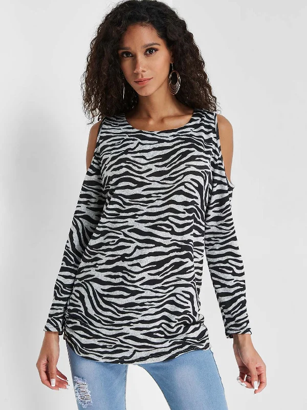 Custom Cold Shoulder Zebra Long Sleeve Top