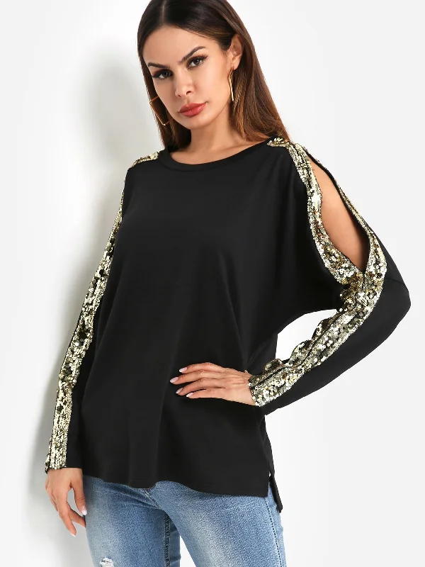 OEM ODM Round Neck Cut Out Sequins Embellished Glitter Long Sleeve Black Top