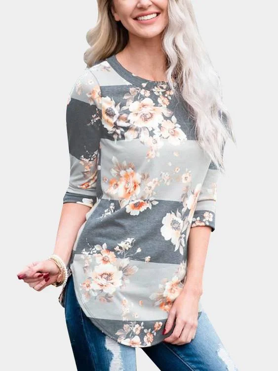 Custom Round Neck Floral Print 3/4 Sleeve Curved Hem T-Shirt