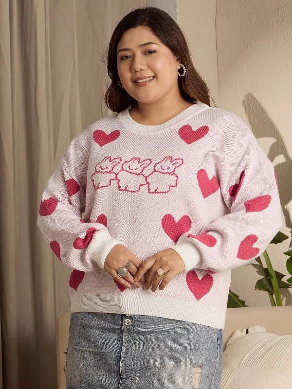 Berrylush Curve Women White & Pink Heart & Rabbit Printed Round Neck Acrylic Ribbed Hem Regular Pullover