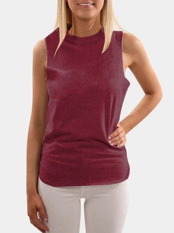 Custom Crew Neck Plain Sleeveless Curved Slit Hem Burgundy T-Shirts