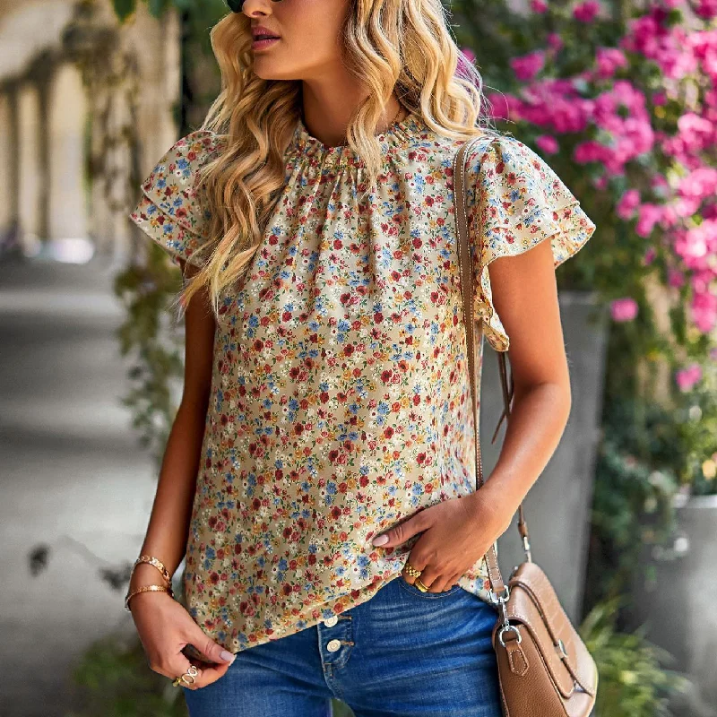 Floral Print Ruffled Short Sleeve Loose Wholesale Womens Tops