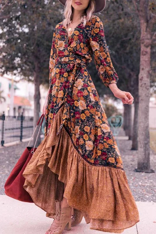 CityHottie Long Sleeve Print Retro Long Maxi Dress