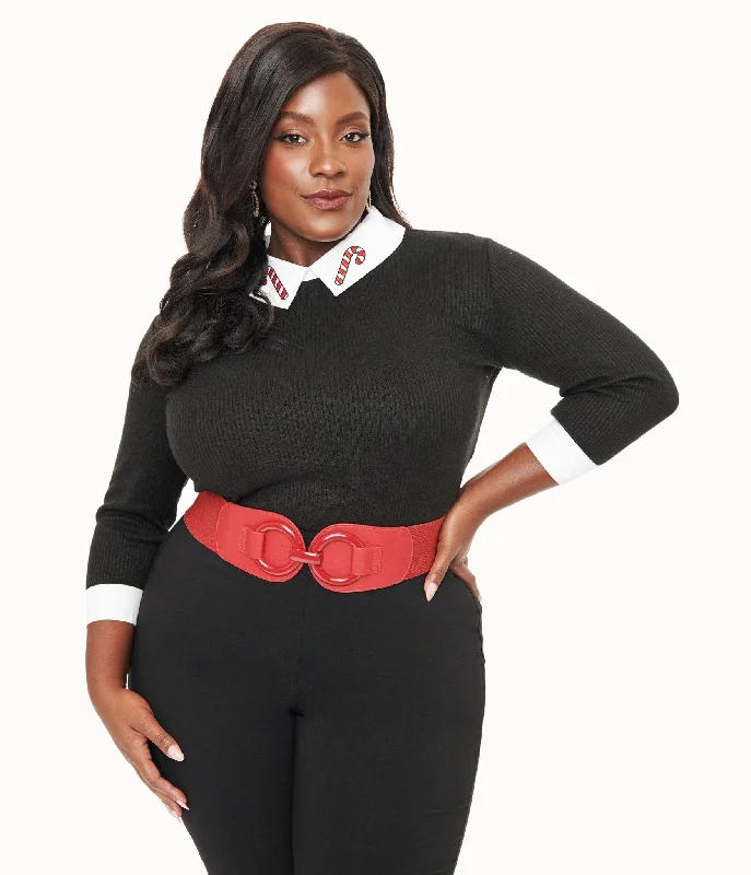 Unique Vintage Plus Size Black & White Candy Cane Print Contrast Sabrina Sweater