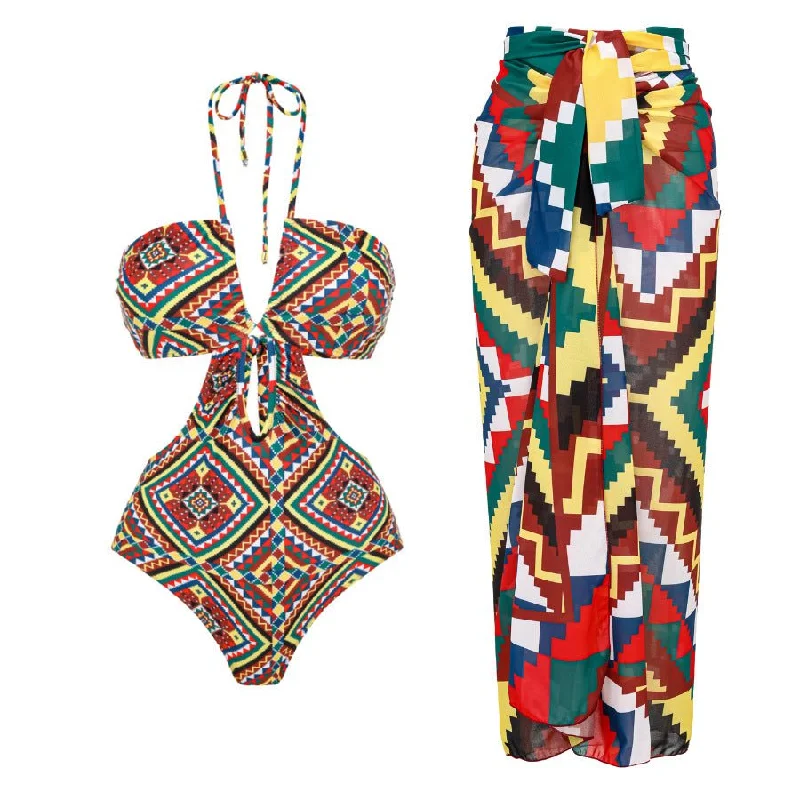 Geometric Design Monokini backless Tieup With Sarong Skirt By Sinderella