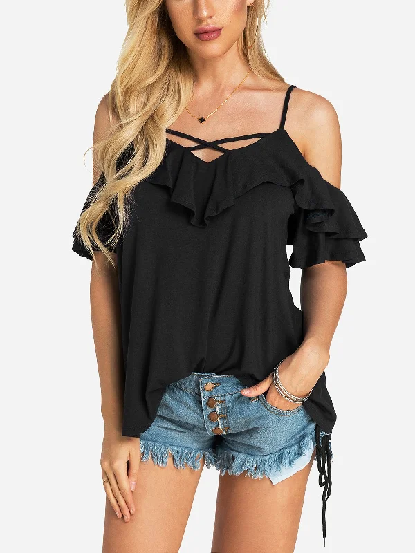 Custom V-Neck Cold Shoulder Backless Lace-Up Short Sleeve Black T-Shirts