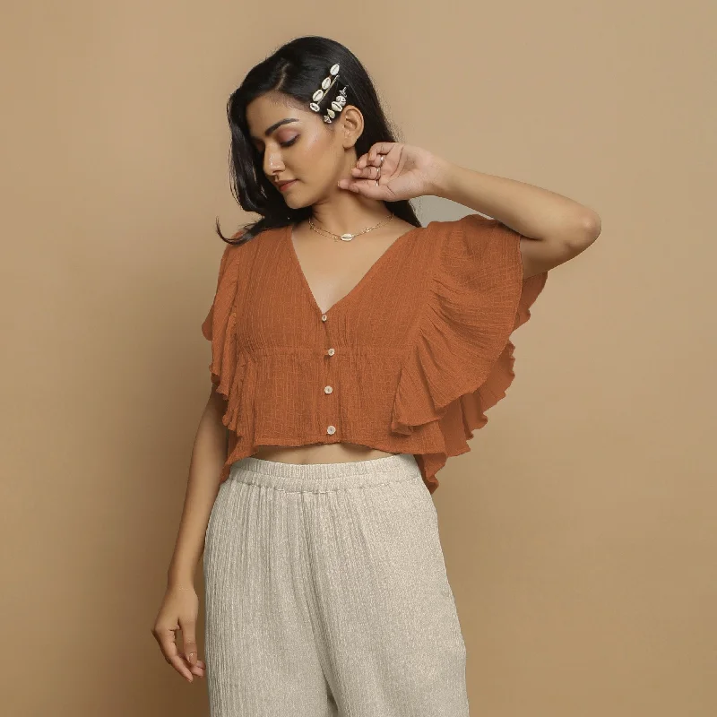 Rust Crinkled Cotton Butterfly Sleeves Crop Top