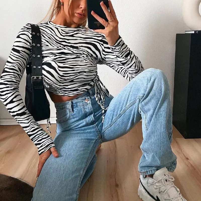 Casual Zebra Print Round Neck Frenulum Slim Crop Tops Wholesale Womens Long Sleeve T Shirts