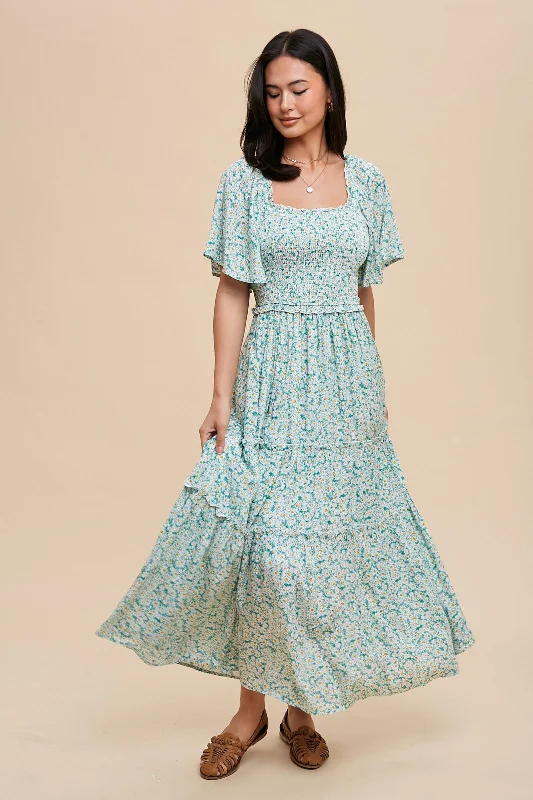 Green Floral Smocked Tiered Maxi Dress