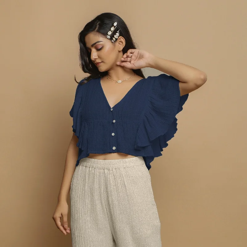 Navy Blue Crinkled Cotton Butterfly Sleeves Crop Top