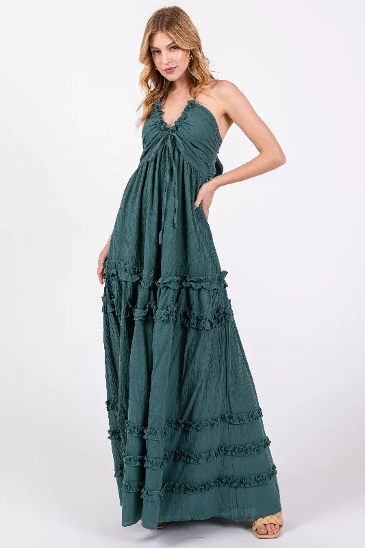 Dark Teal Ruffle Ruched Deep V-Neck Maxi Dress