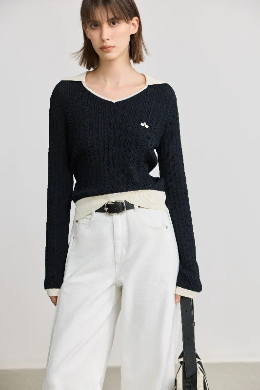 LILY Preppy V-Neck Black Knit Sweater