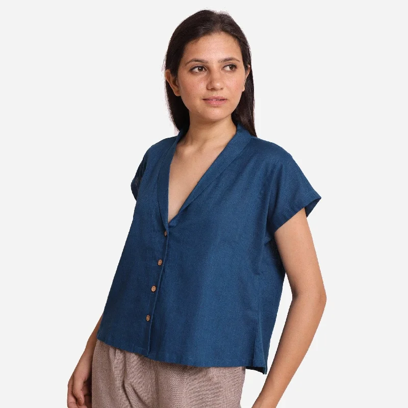 Teal Shawl Collar Button-Down Cotton Crop Top