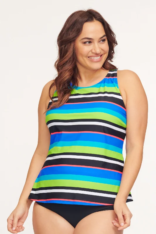 Plus Size High Neck Sport Tankini Top in Bold Stripe