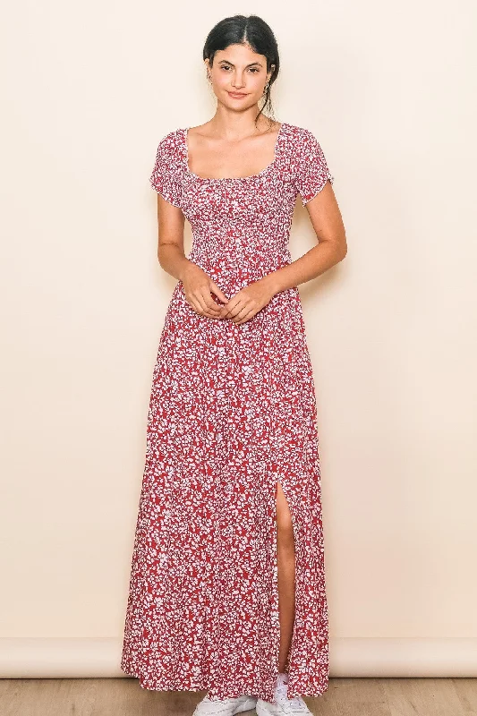 Red Floral Smocked Fitted Sleeve Side Slit Maxi Dress