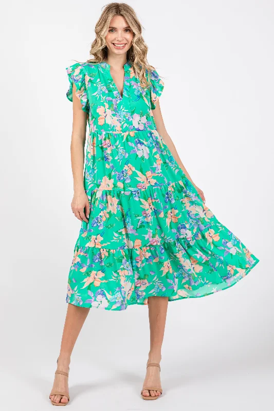 Green Floral Ruffle Tiered Dress